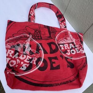 VTG Trader Joe's Canvas Tote Bag Red Logo Cheese Bread USA made Old Money REAR